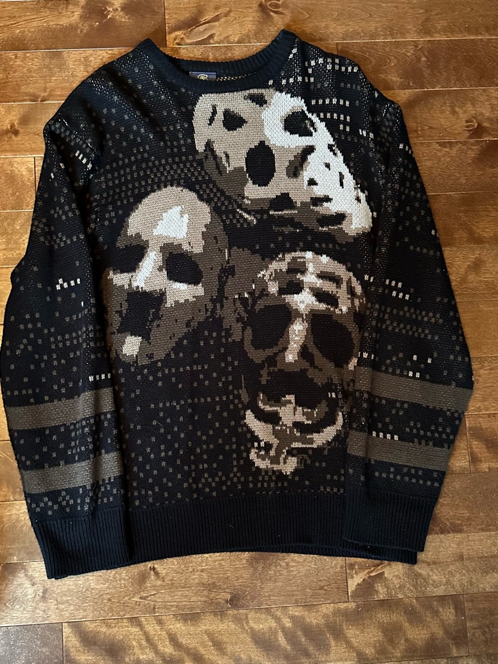 Men's Black Crewneck Sweater with Neutral Skull Graphic